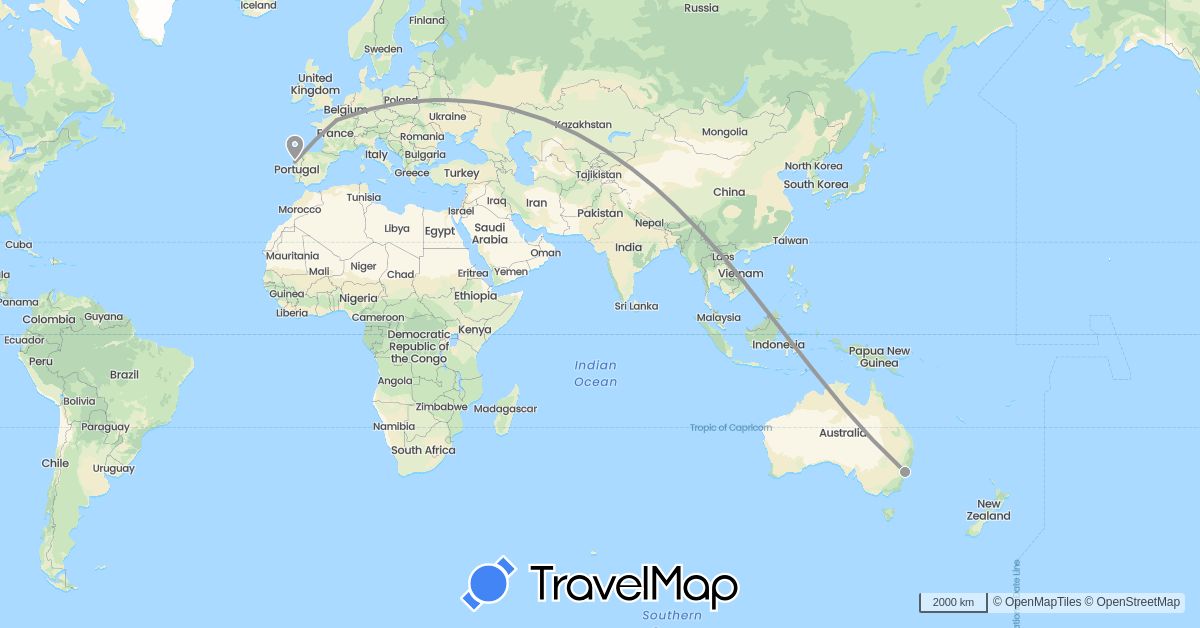 TravelMap itinerary: driving, plane in Australia, France, Portugal (Europe, Oceania)
